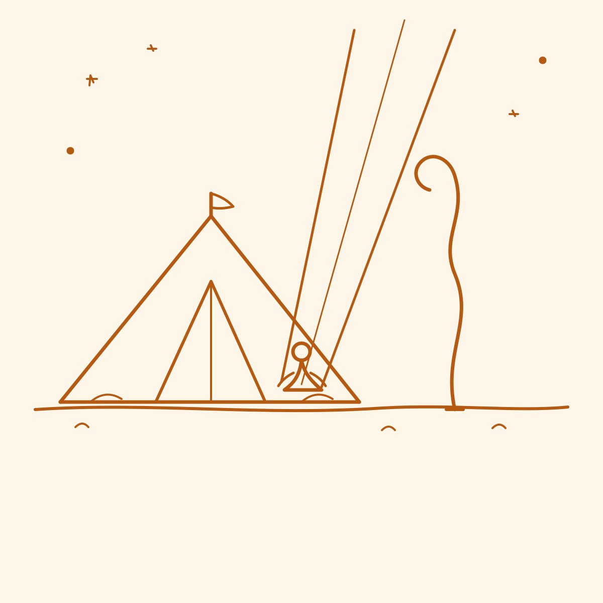Amber-ink doodle by Eunice: a revival tent at night, a crooked wooden staff planted beside it, and one straight shaft of light falling from above onto a small kneeling figure.