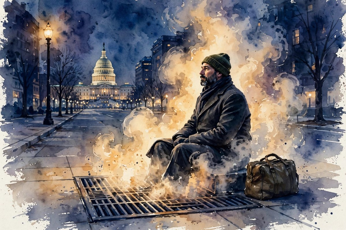 Watercolor: a man sits upright on a steam grate in Washington, DC at night, the Capitol lit in the distance.