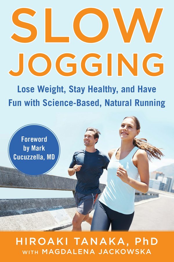 The cover of Slow Jogging by Hiroaki Tanaka, PhD, with Magdalena Jackowska: two smiling runners under a blue sky.