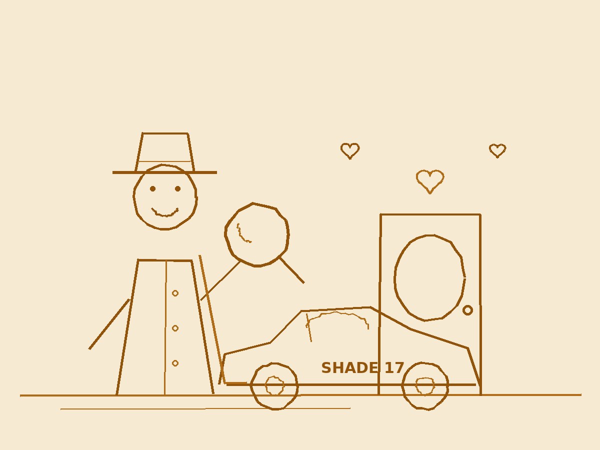 Amber-ink doodle by Eunice: a smiling gumshoe in a trench coat holding a magnifying glass, a hockey stick leaning forgotten against a silver Porsche, hearts above a diner door.