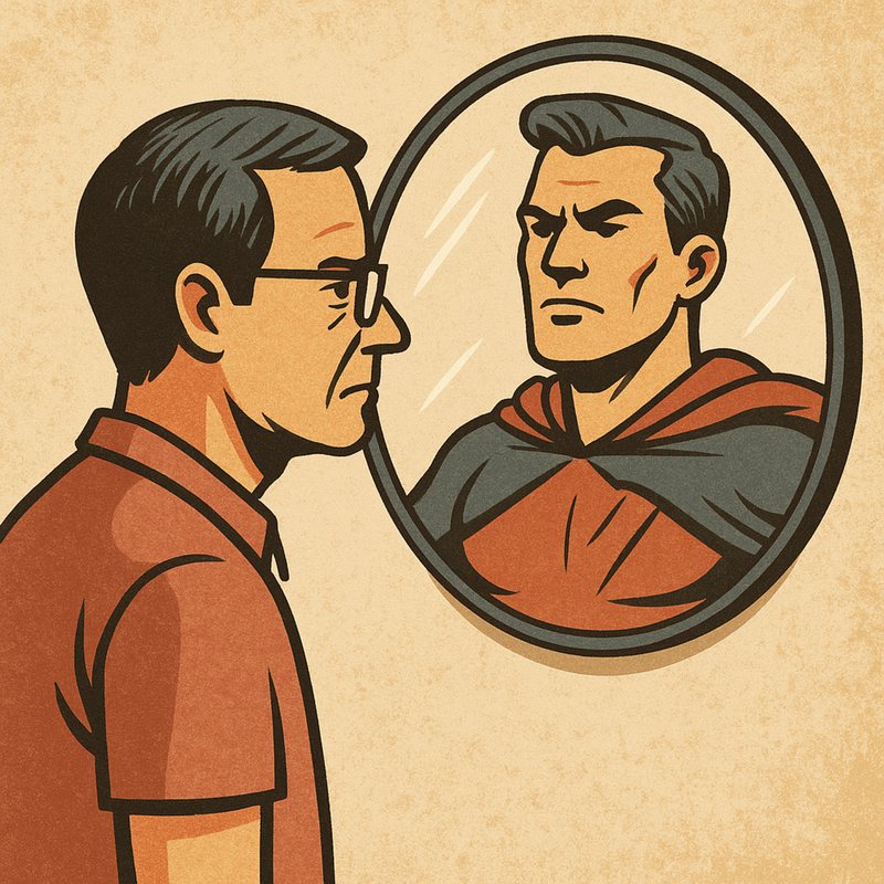 Cartoon of a man in glasses looking into a mirror that shows him as a caped superhero.