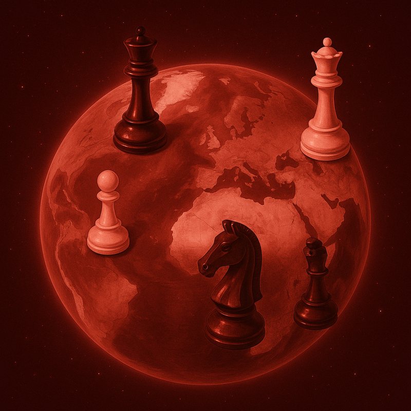 Chess pieces standing on a glowing red globe.