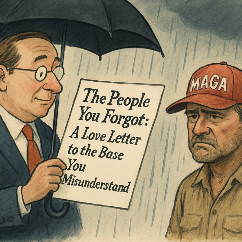 Sketch of a man holding "The People You Forgot: A Love Letter to the Base You Misunderstand" beside a man in a MAGA cap.