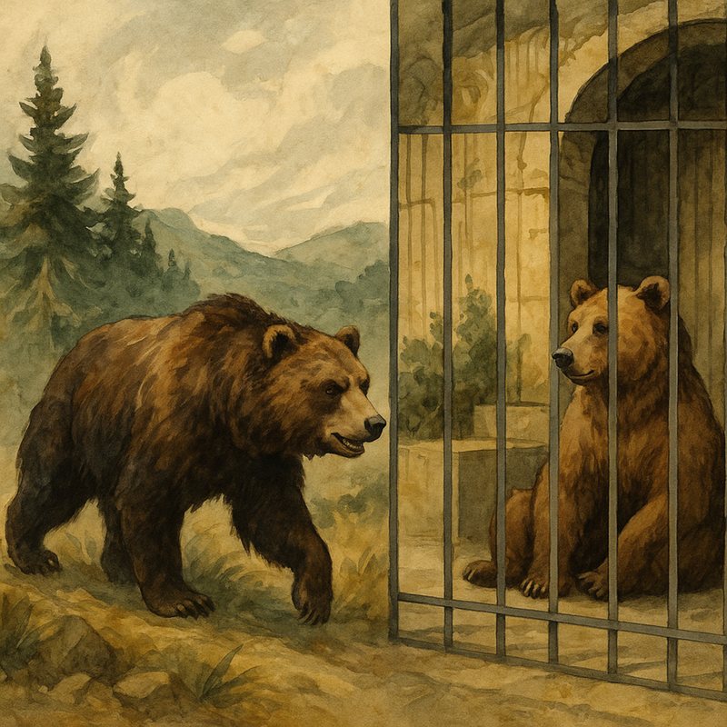 Painting of a wild bear walking past a caged bear in a zoo.