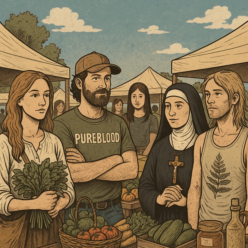 Sketch of a farmers market crowd: a woman with greens, a man in a "Pureblood" shirt and a nun.