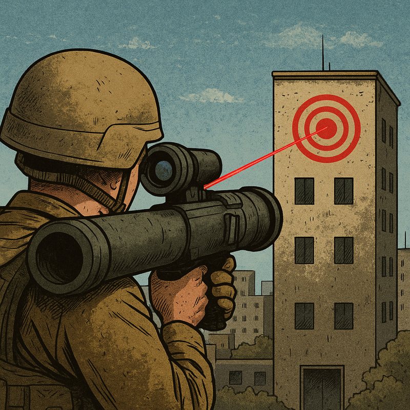 Illustration of a soldier aiming a laser-guided launcher at a target painted on a building.