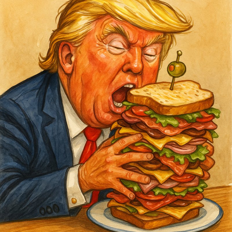 Painting of a blond man in a red tie biting into a towering club sandwich.