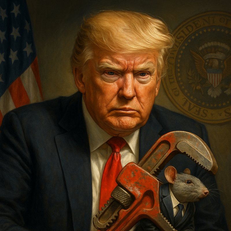 Painting of Donald Trump scowling with a rusty pipe wrench, a rat peeking from his jacket.