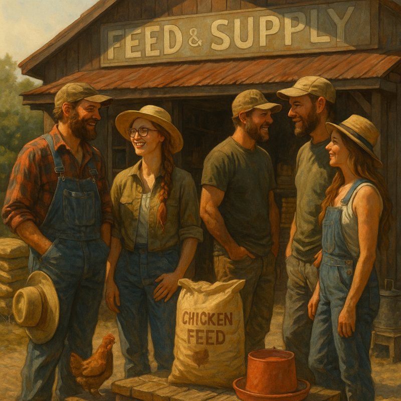 Painting of farmers in overalls chatting outside a "Feed & Supply" store, with a sack of chicken feed.