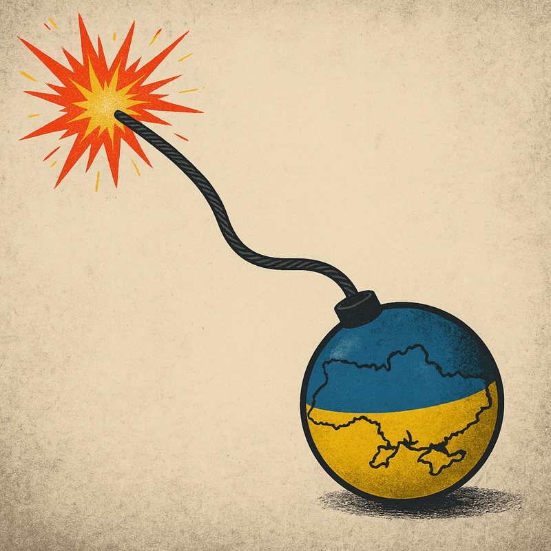 Cartoon bomb painted with a blue and yellow map of Ukraine, its fuse burning.
