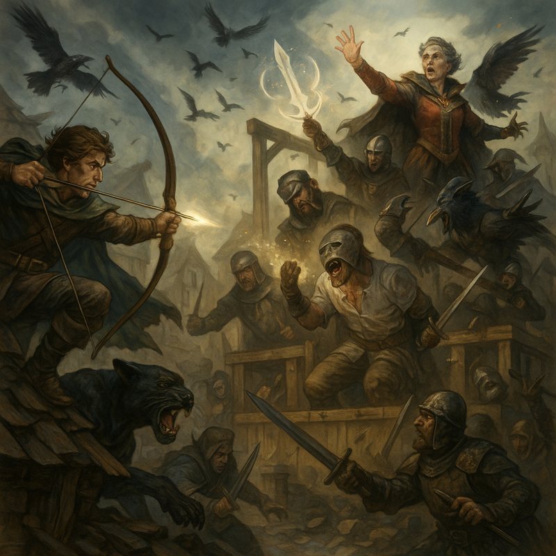 Painting of adventurers fighting soldiers around a gallows, with ravens and a black panther.