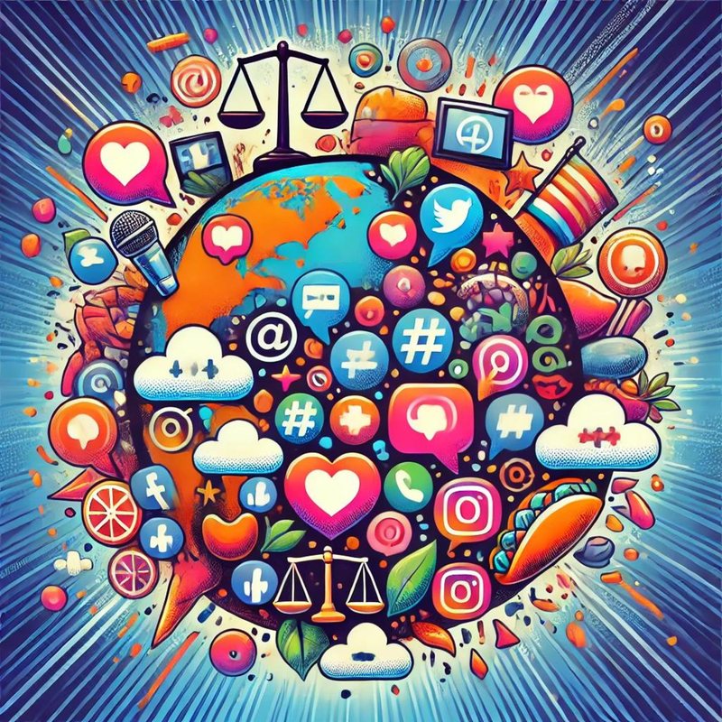 Illustration of a globe bursting with social media icons, hearts, hashtags and scales of justice.