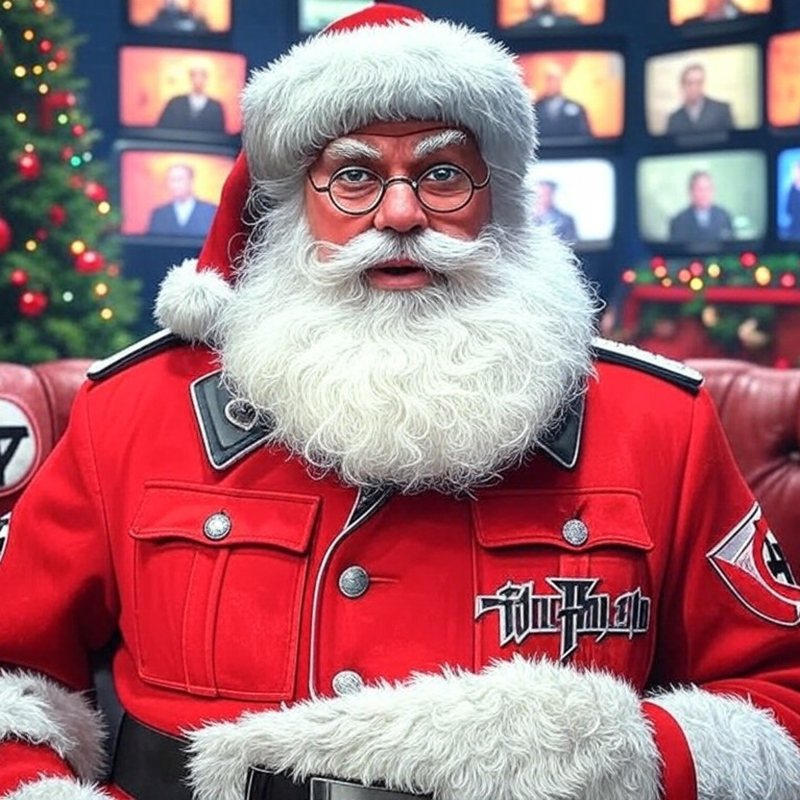Santa Claus in a red military-style uniform in front of a wall of TV screens.
