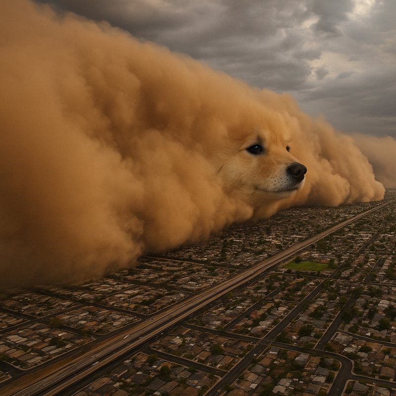 A giant dust storm shaped like a fluffy dog's head rolling over a city.