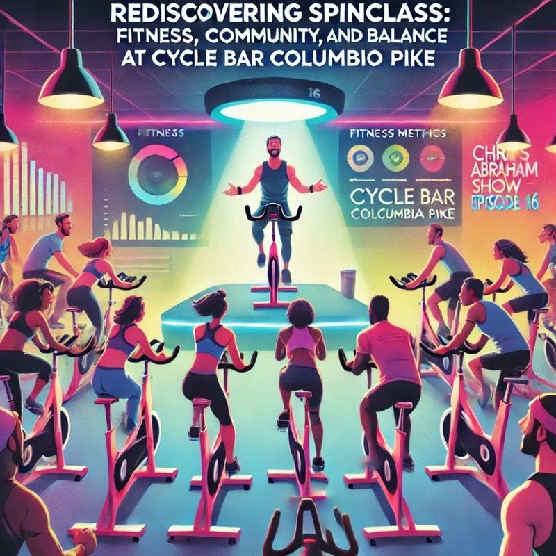 Illustrated cover, "Rediscovering Spin Class": a CycleBar class on Columbia Pike riding under neon lights.