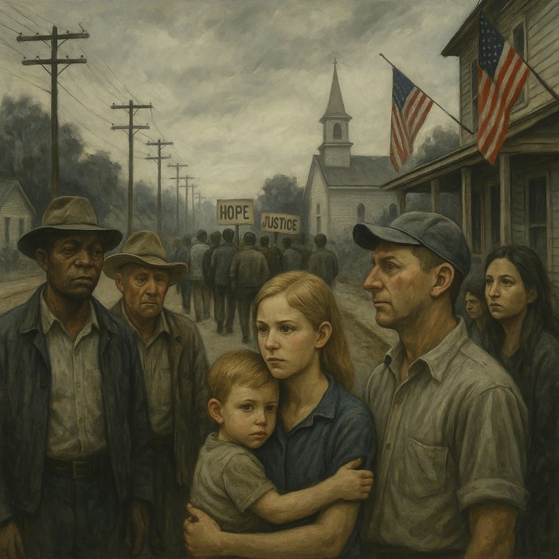 Painting of tired families on a small town street, with marchers carrying "Hope" and "Justice" signs.
