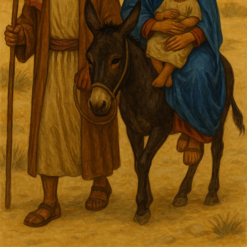 Painting of Mary holding the infant Jesus on a donkey, Joseph walking alongside with a staff.