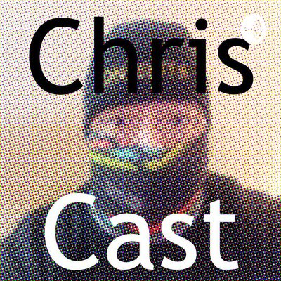 ChrisCast cover: halftone portrait of Chris in a cap and a rainbow face mask.