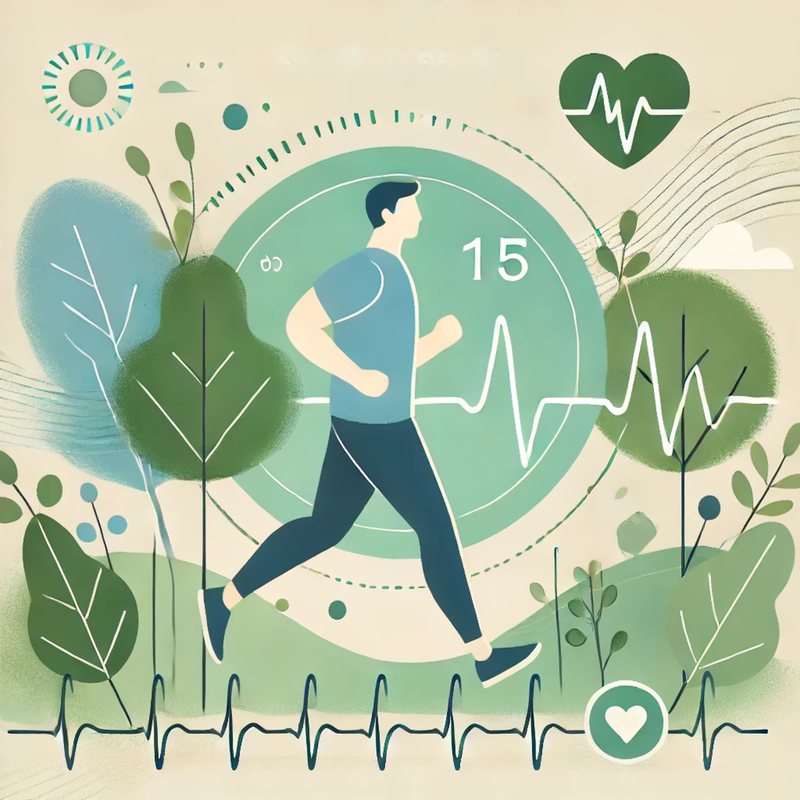 Soft green illustration of a man jogging past trees over a heartbeat line.