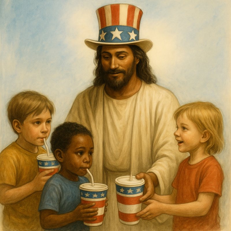 Painting of Jesus in an Uncle Sam hat handing flag-striped drinks to three young children.
