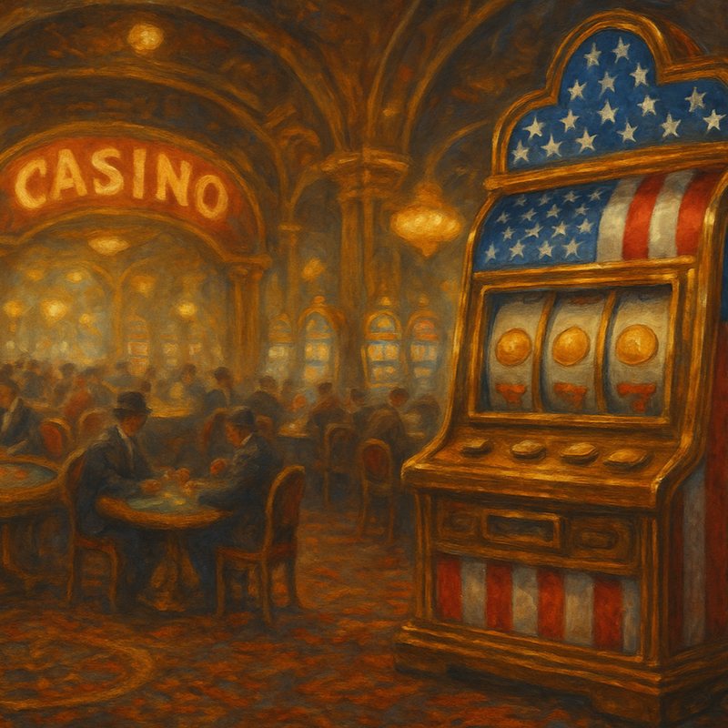Painting of a gilded casino with gamblers at tables and a slot machine painted like an American flag.
