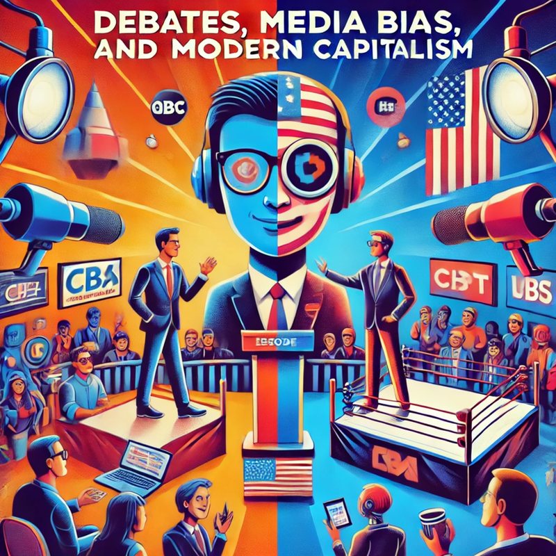 Illustrated cover, "Debates, Media Bias, and Modern Capitalism": a split-face host above debating politicians.