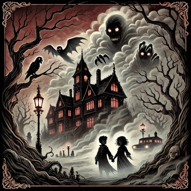 Gothic drawing of two children holding hands before a haunted mansion, with ghosts and bats in the mist.