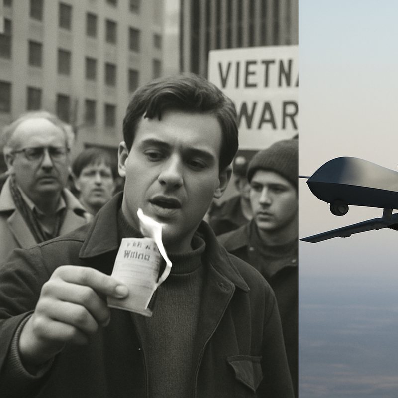 Photo of a young man burning a draft card at a Vietnam War protest, beside a drone in flight.