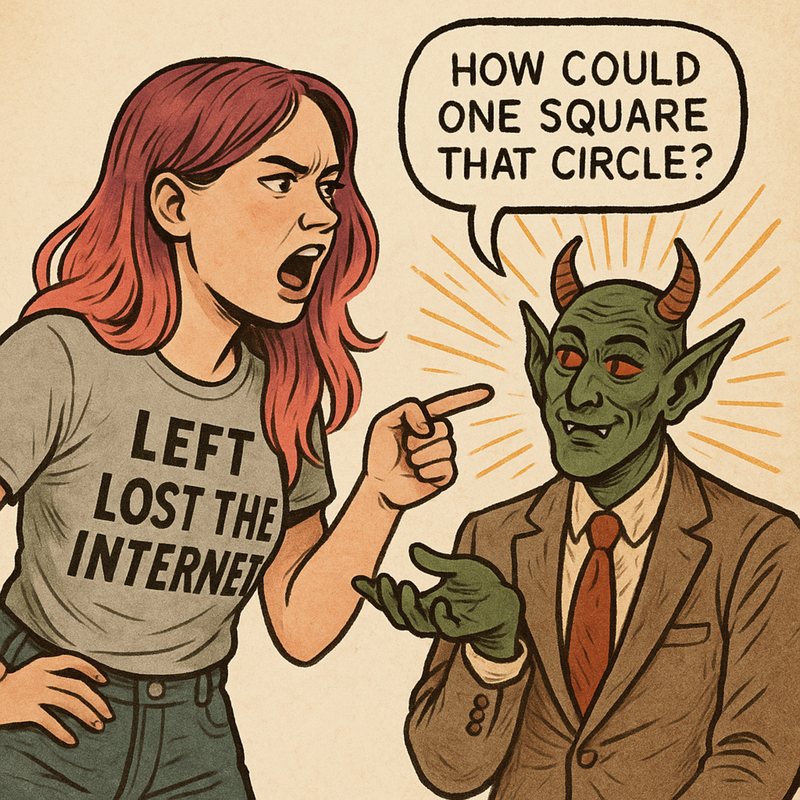 Cartoon of a woman in a "Left Lost the Internet" shirt and a grinning devil asking "How could one square that circle?"
