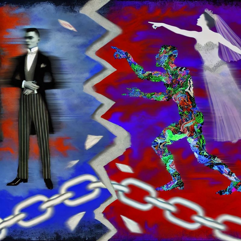 Painting split by a crack: a man in a tuxedo, a figure in glitch colors and a bride, over broken chains.