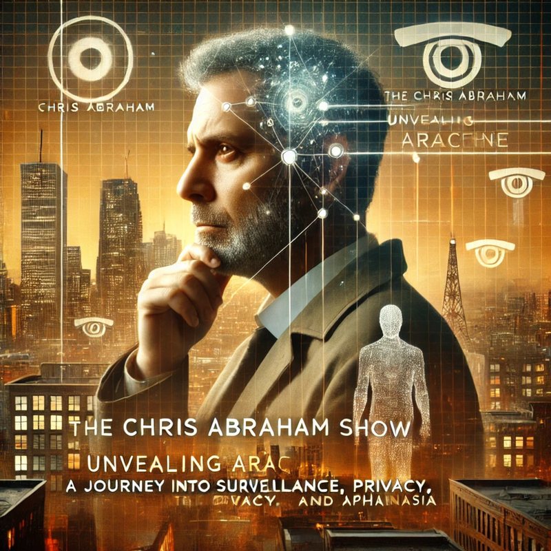 Illustration of a thoughtful man before a city skyline, overlaid with surveillance and network graphics.