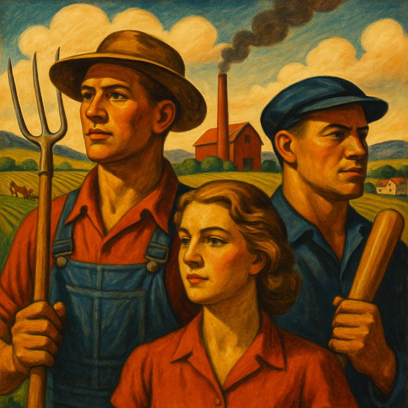 Painting of farmworkers with a pitchfork and a club before a barn and a smoking chimney.