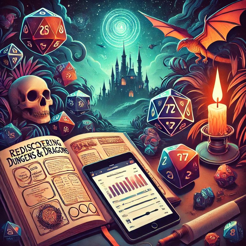Illustration titled "Rediscovering Dungeons and Dragons": dice, a candle, a skull, a tablet and a castle.