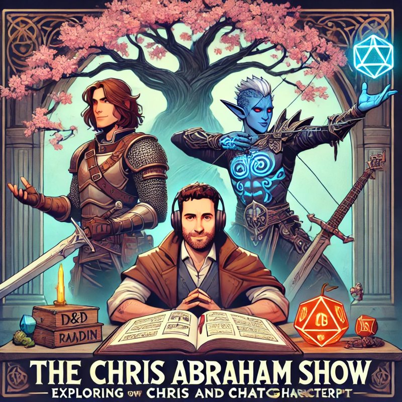 Illustration of fantasy heroes, an elf mage and a smiling man reading at a D&D table under a blossoming tree.