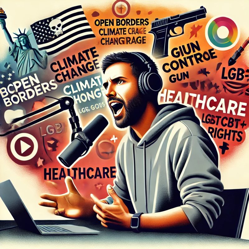 Illustration of a bearded podcaster mid-rant, surrounded by words like "Climate Change," "Gun Control" and "Healthcare."