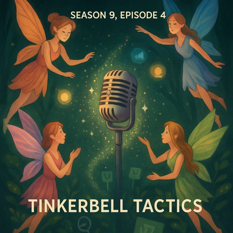 Cover, "Tinkerbell Tactics," Season 9, Episode 4: four fairies circling a vintage microphone.