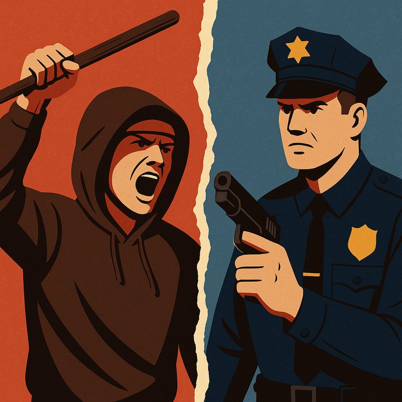 Poster split in two: a shouting hooded rioter with a club and a police officer drawing a pistol.