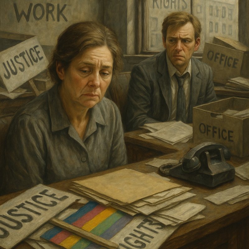 Painting of two weary office workers at desks piled with papers and signs reading "Justice" and "Rights."