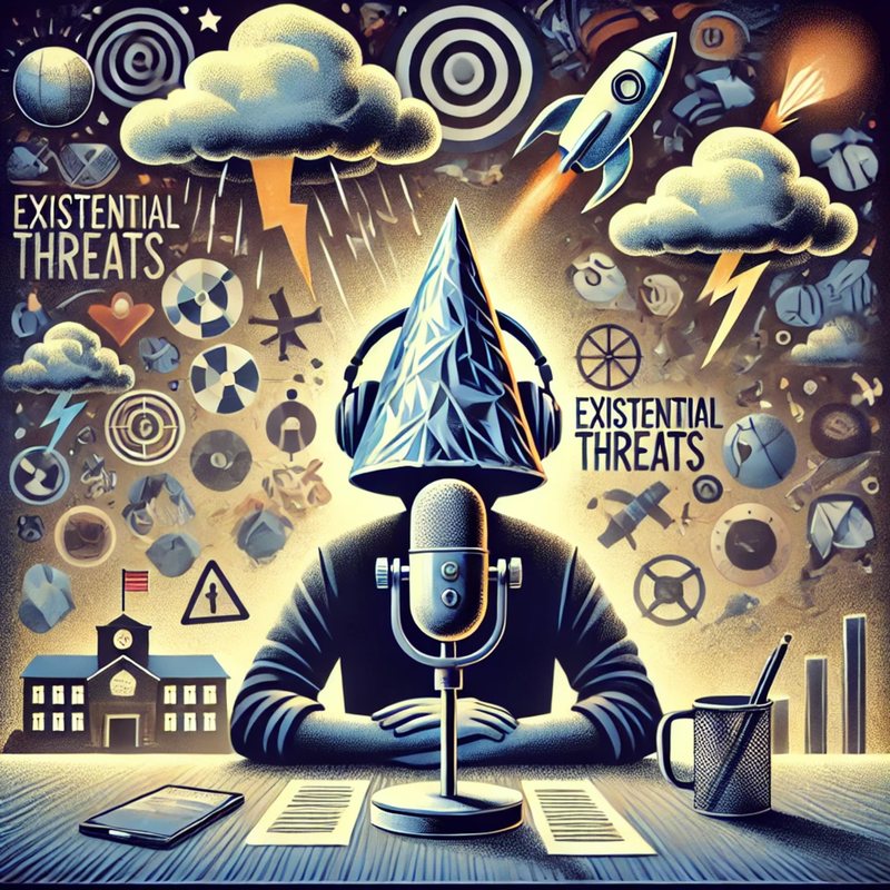Illustration, "Existential Threats": a podcaster in a tinfoil hat at a microphone under storm clouds.