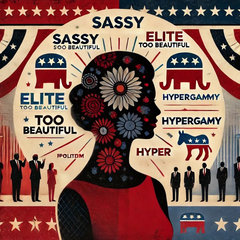 Illustration of a woman's silhouette filled with flowers, ringed by words like "Elite," "Sassy" and "Hypergamy."