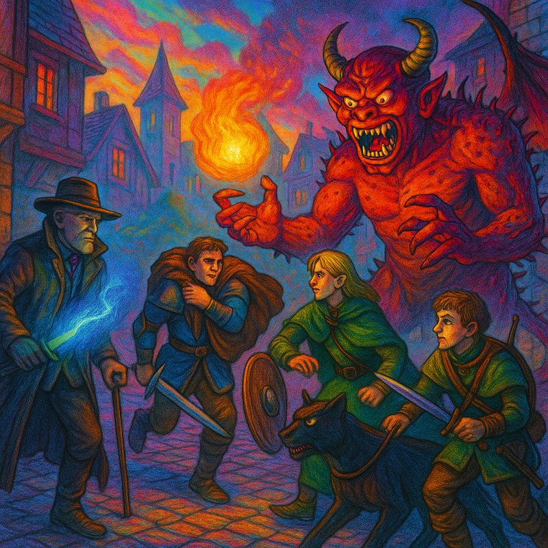 Psychedelic painting of adventurers fleeing a horned red demon through a town at night.