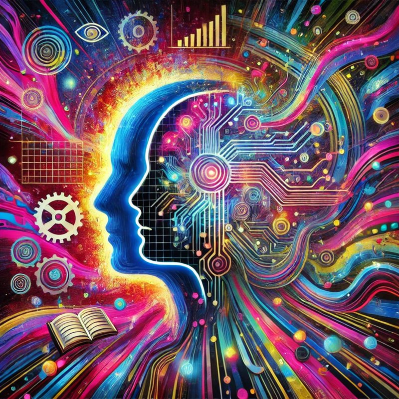Neon illustration of a human profile filled with circuitry, gears and swirling color.