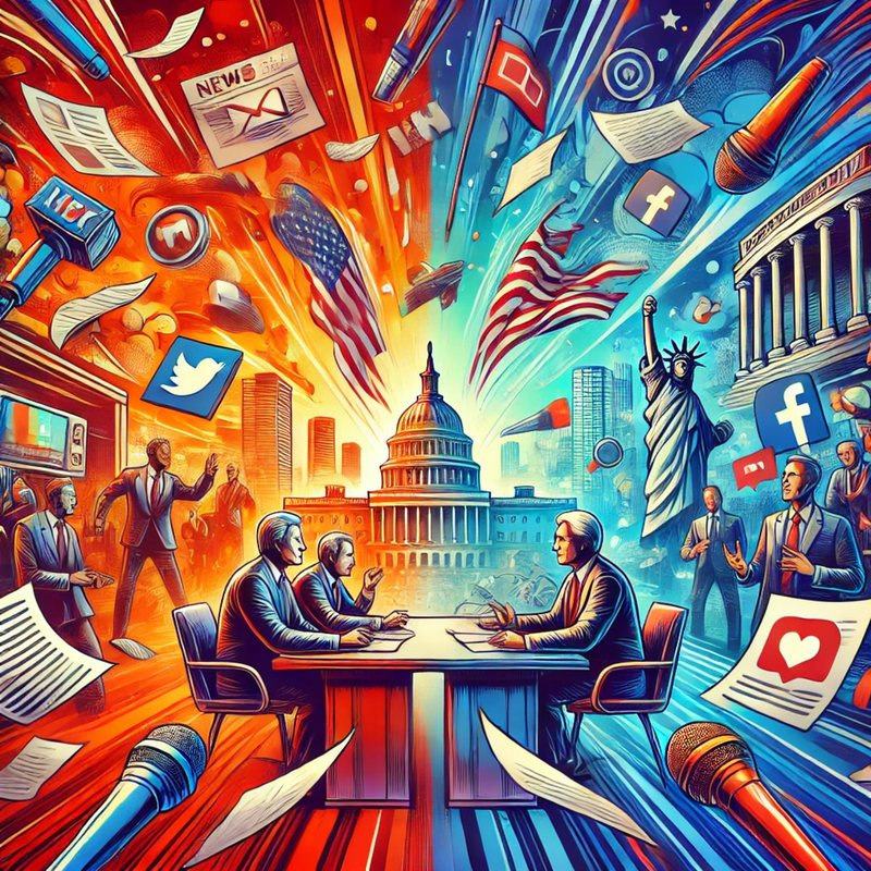 Illustration of politicians at a table before the US Capitol, swirling with newspapers and social media icons.