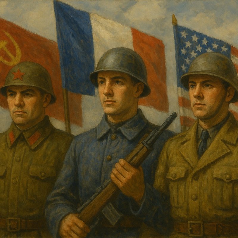 Painting of Soviet, French and American soldiers in helmets before their flags.
