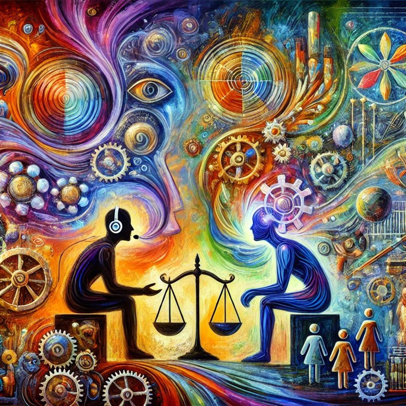 Psychedelic painting of two figures facing each other across scales of justice, amid gears and swirls.