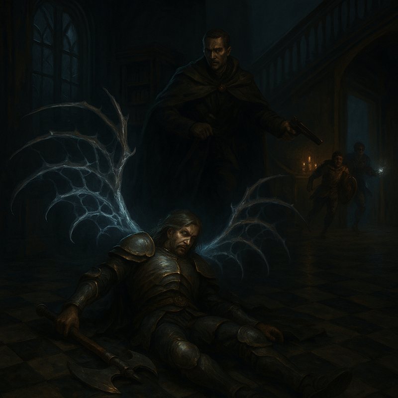 Dark painting of an armored warrior collapsing as lightning crackles from a cloaked figure behind him.