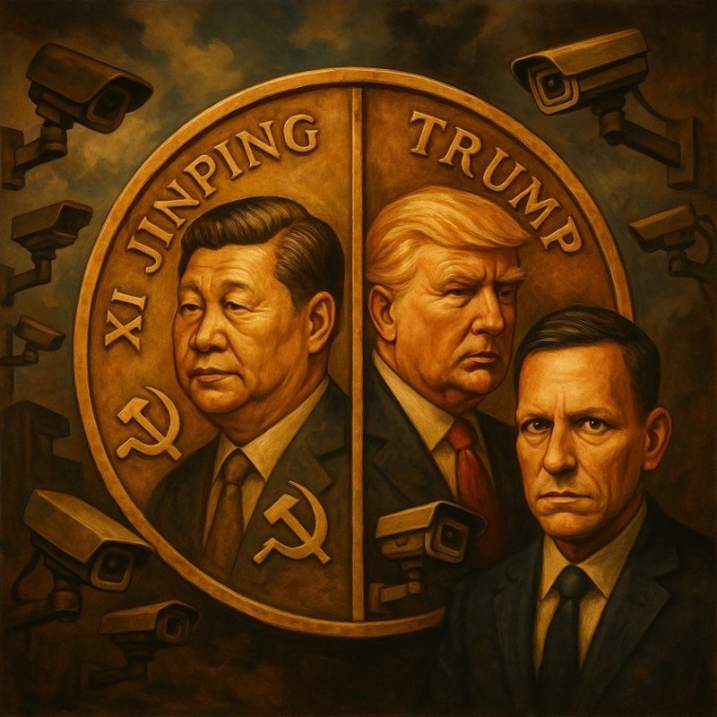 Painting of a coin split between "Xi Jinping" and "Trump," with a third man in a suit, ringed by security cameras.