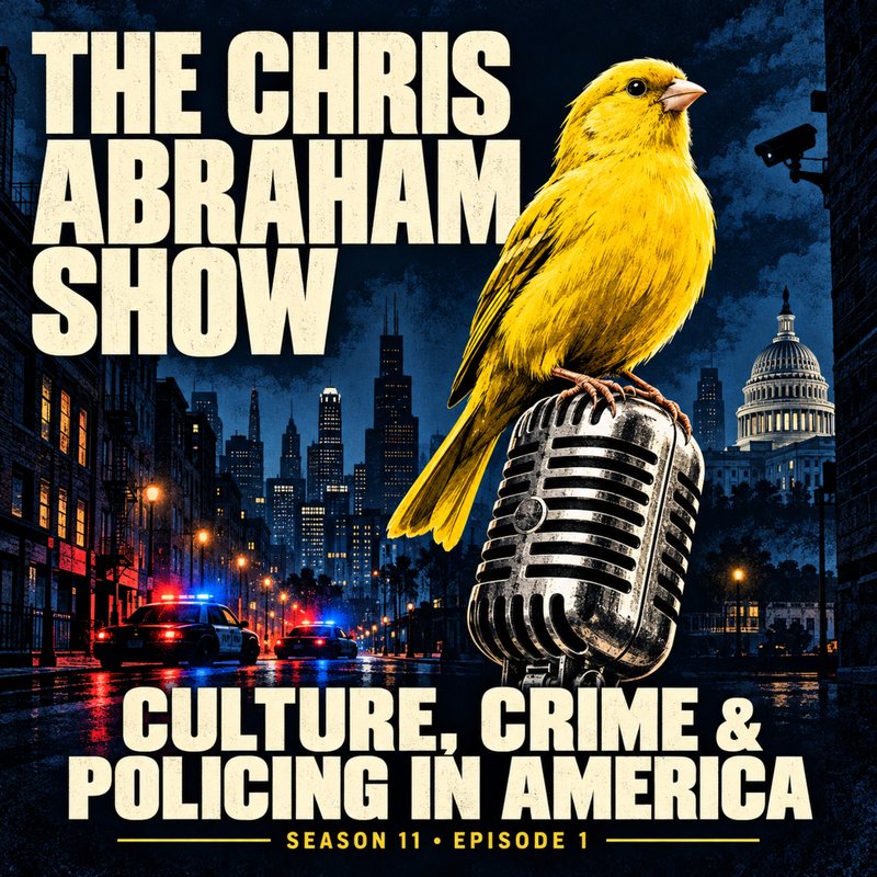 A canary on a microphone, police lights and the Capitol behind: "Culture, Crime & Policing in America," Season 11, Episode 1.