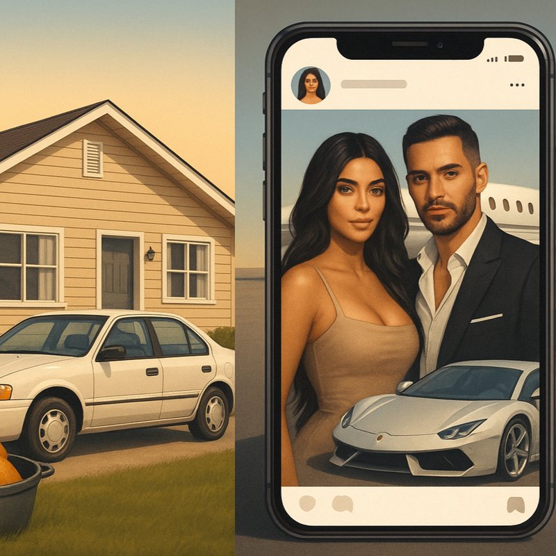 A modest house and an old sedan beside a phone showing a glamorous couple with a sports car and a private jet.