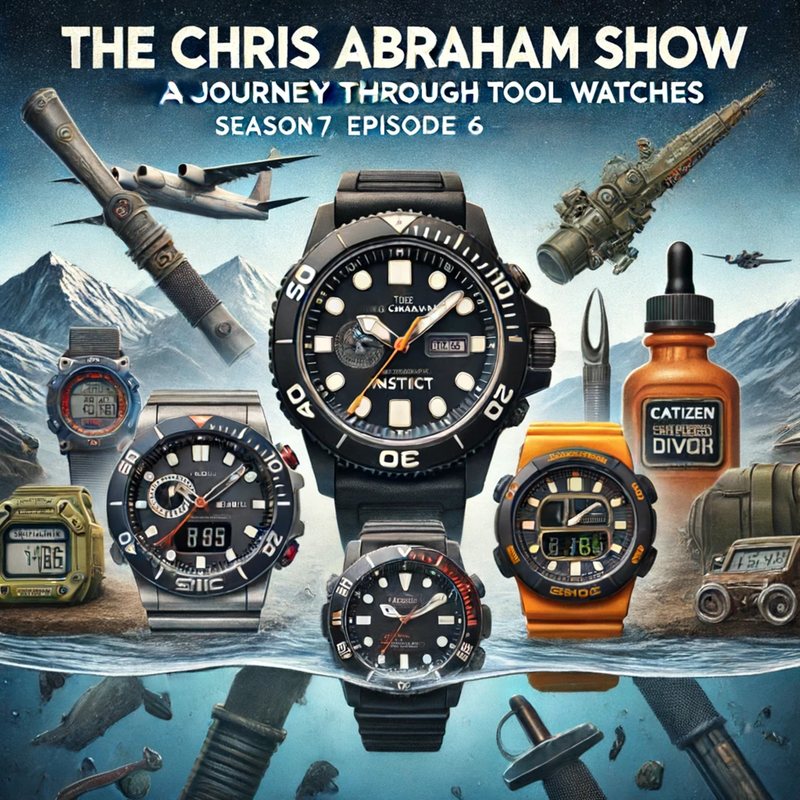 Illustrated cover, "A Journey Through Tool Watches": rugged dive watches against mountains and water.